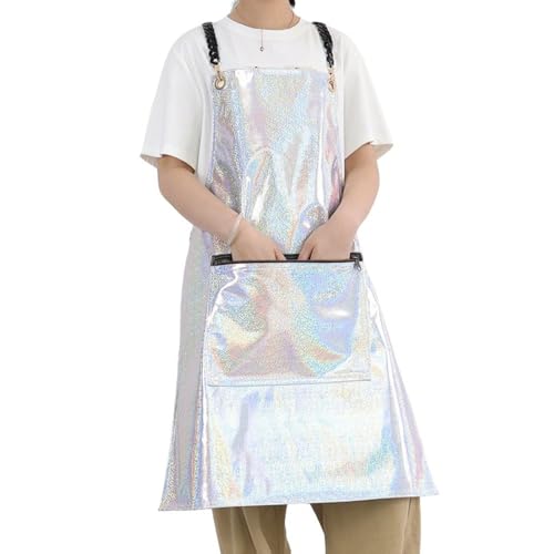 KUWHSIOP Tablier De Coiffeur en TPU ImperméAble Tablier de Travail Brillant et Léger avec Poche Zippée pour Chefs, Artistes, Jardiniers, Bouchers,Argent
