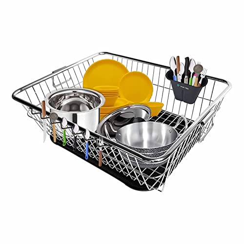 SmartSlide Stainless Steel Dish Drainer Rack (22L X 17W) Vessel Rack/Utensils Dring Rack for Kitchen/Bartan Basket/Plate Rack/Counter Top Kitchen Basket (Dish Drainer with Drip Tray) New