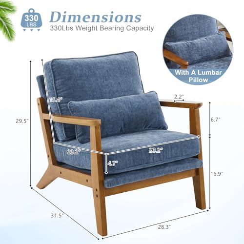 VINGLI Solid Wood Wide Armrests Accent Chair,Upholstered Mid Century Modern Chair with Pillow,Comfy Reading Chair Farmhouse Arm Chair,Chairs Living Room,Bedroom,Guest Room,Chenille Fabric,Dark Blue - Image 2