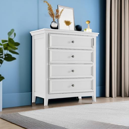 White Dresser for Bedroom, 4 Chest of Drawers, Wooden Dressers Tall Nightstand with Drawer, Farmhouse Cabinet for Bedroom, Living Room,Hallway