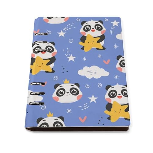 A5 ノート リフィル対応 星を持ったかわいいパンダ PUレザー 手帳型 ビジネスノート 6穴 バインダー 書きやすい リングノート 多機能 メモ帳 学生 社会人 仕事用 おしゃれ