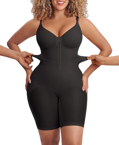 FeelinGirl Shapewear for Women Tummy Control Zip-Up Seamless Bodysuits Thigh Slimmer Body Shaper Mid Thigh Bodysuit