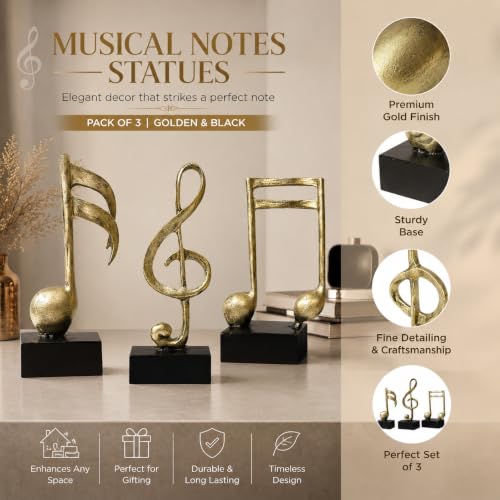 Image of Gold Finish Musical Notes Statues | Beautiful Home Decor | (Pack of 3, Golden & Black)