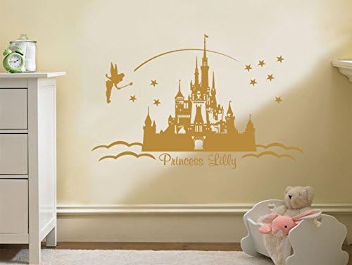 PERSONALISED Princess Castle Wall Art, Vinyl Sticker Wall Childs Nursery Mural Decal Gold | X-Large 100cm (w) x 57cm (h)