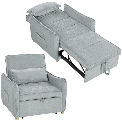 HOMCOM Fauteuil Convertible 1 Place 3 en 1, Fauteuil-lit clic-clac en Chenille avec Assise Large, Dossier réglable, Oreiller et Poches latérales, canapé-lit...