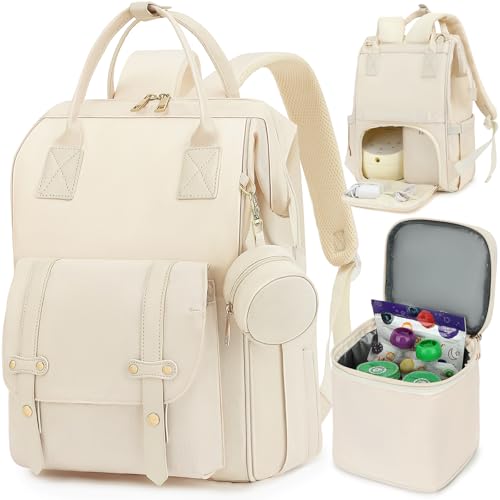 Image of ROSEGIN Breast Pump Backpack & Diaper Bag with Cooler, Fits Spectra S1 S2 Medela, Pumping Bag for Work, Fits 15.6" Laptop, 15 Pockets, Reinforced Zippers, Pacifier Case, Stroller Straps, White