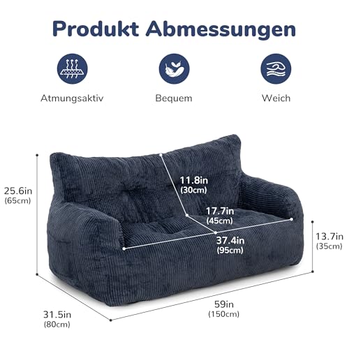 Pamapic Sitzsack, Sitzsack Erwachsene mit Füllung, Doppeltes Lounge Sessel mit Tragbarem Griff, Modernes Ergonomisches BeanBag, Indoor Sitzsäcke Stuhl für Wohnzimmer, Schlafzimmer, Spielzimmer, Blau