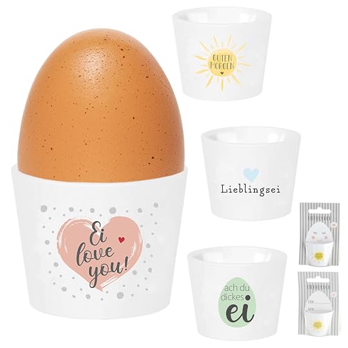 Cepewa Eierbecher 4er Set 4 Motive | Porzellan weiß 5x4cm | Halter für Eier mit Gute Laune Sprüche (1 x 4er Set Eierbecher 5x4cm)