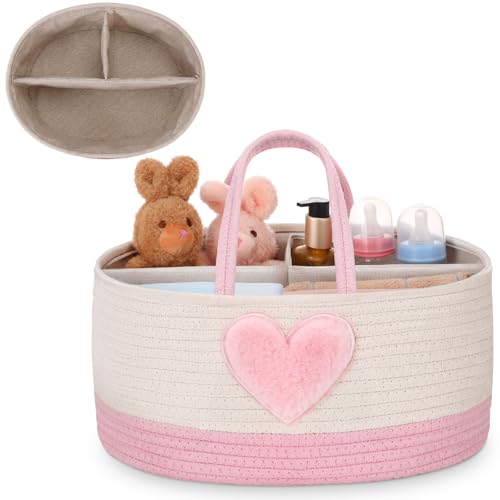 Image of Aliceset Diaper Caddy for Baby Girl Boy Rope Nursery Storage Bin Basket Portable Holder Tote Bag for Changing Table Car Travel Baby Shower Gifts Newborn Essentials Registry Must Have Items(Pink Heart)