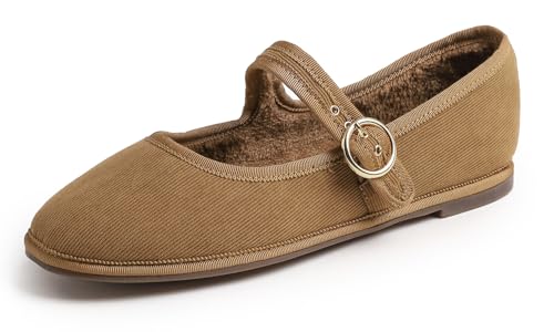Feversole Women's Soft Breathable Mary Jane ，Mujer Zapatillas Merceditas Mary Jane de Pana Camel con Hebilla Redonda Forro de Piel