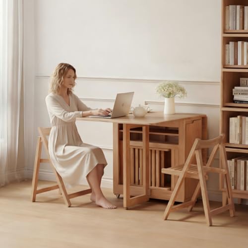 Image of AnywaysWood Folding Dining Table with 2 Foldable Chairs Set, Space Saving Extendable Solid Wood Drop Leaf Table for Kitchen Dining Living Room Small Spaces Easy Assembly (55.12 inchx31.5 inchx30.1 inch)