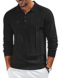 COOFANDY Mens Knit Polo Textured Ribbed Collar Polo Sweaters Classic Banded Bottom V Neck Golf Polos Lightweight Casual Dress Pullover Sweater Black