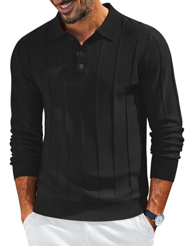 COOFANDY Mens Knit Polo Textured Ribbed Collar Polo Sweaters Classic Banded Bottom V Neck Golf Polos Lightweight Casual Dress Pullover Sweater Black