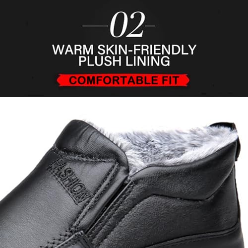 Men's Leather Warm Fur Lined Slip On Snow Boots Winter Hand Stitching Low Top Anti-Slip Outdoor Water Resistant Sneakers Boots Lightweight Casual Walking Loafers Shoes3