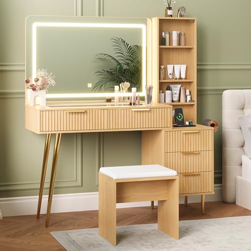 Vanity Desk with Mirror and Lights, 48" Makeup Vanity Table with 5 Drawers, 3-Shelves, Charging Station, Glass Top, 3 Color Modes & Adjustable Brightness, Modern Dressing Table Set for Bedro