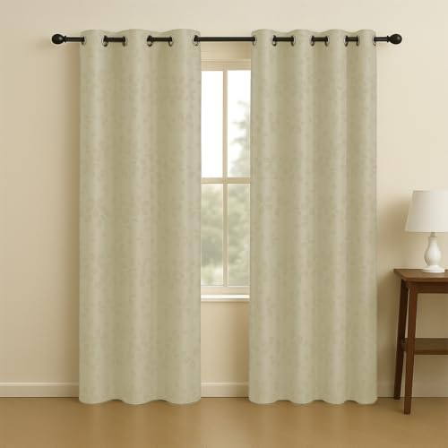 Image of LINENWALAS 100% True Blackout Curtains 7 Feet Long - 2 Panel Curtain, Raindrop Floral Design Complete Light Block Thermal Insulated & Noise Reducing Room Darkening Curtains (Raindrop Beige)