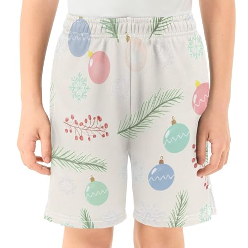 Leaves and Christmas Ornaments Athletic Shorts with Zipper Pockets, Youth Boys Athletic Running Shorts for Summer2