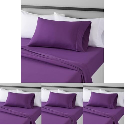 Image of Amazon Basics Lightweight Super Soft Breathable Wrinkle-Free Microfiber 3-Piece Bed Sheet Set with 14-Inch Deep Pockets,Twin,Plum,Solid,(Pack of 4)
