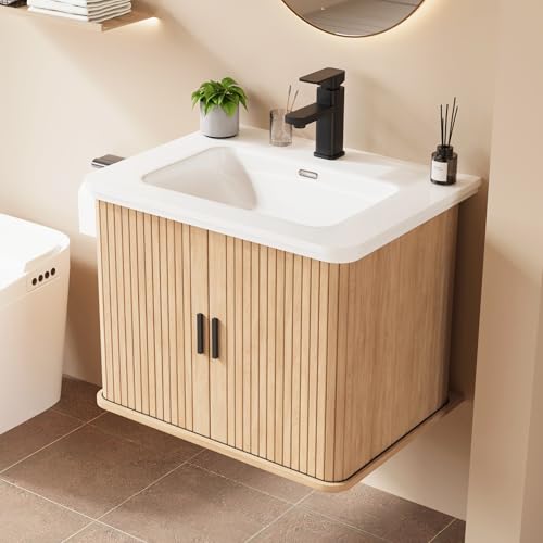 24" Floating Bathroom Vanity w/ Sink, Fluted Wall Mounted Cabinet (Natural)