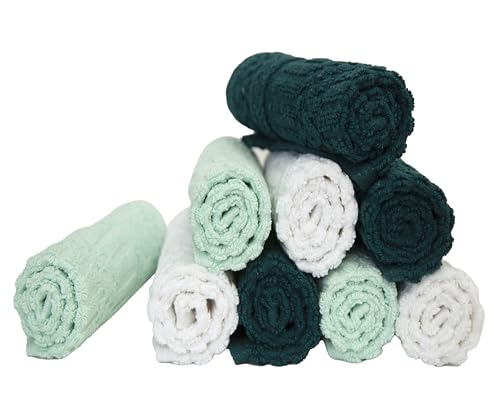 Image of PH Pleasant Home Diamond Wash Cloths Set - 12 Pack (12 inch x 12 inch) - 509 GSM - 100% Ring Spun Cotton Wash Cloth - Super Soft and Highly Absorbent Face Towels (Green, White & Mint)