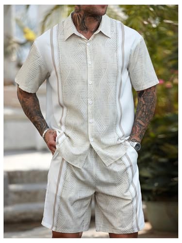 Men's 2 Piece Striped Outfits Short Sleeve Button Down Shirts and Shorts Set4