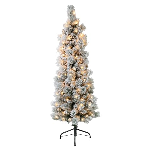 Puleo International 45 Foot Pre Lit Flocked Portland Pine Pencil Artificial Christmas Tree with 100 UL Listed Clear Lights