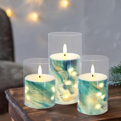 Image of Flickering Flameless Candles Blue Marble Embedded Star String Lights, Battery Operated Acrylic LED Pillar Candles with 11-Key Remote and Timer for Home Decoration, 3 Pack
