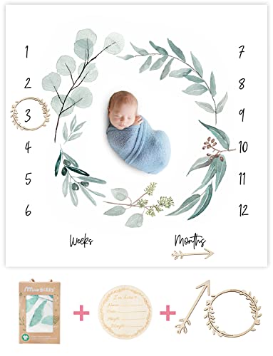 Image of Organic Baby Monthly Milestone Blanket Newborn Boy Girl Unisex Gender Neutral| Green Leaf Wreath Eucalyptus Baby Nursery Month Picture Blanket| Growth Photography Background Prop|Birth Announcement