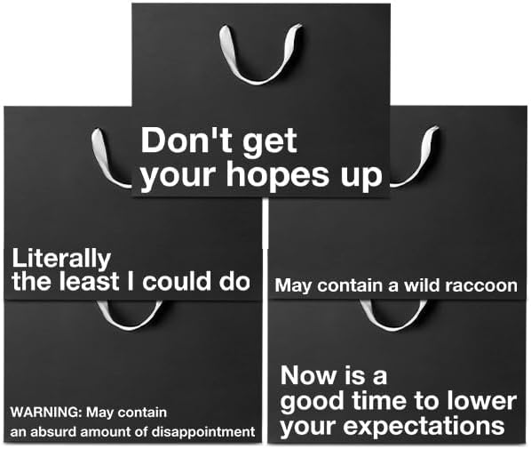 MilkToast Brands Funny Gift Bags, 16" x 6" x 12" Size, 5-Pack Set with Assorted Sarcastic Phrases, Large Black Kraft Paper Bags for White Elephant Gifts, Christmas, Holidays, Office Parties, Birthdays