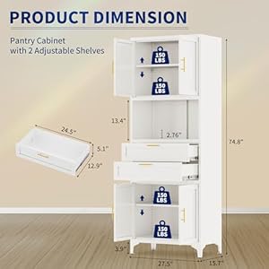 75” Tall Kitchen Pantry Storage Cabinet, Metal Storage Cabinet with 2 Drawers and Adjustable Shelves, Bathroom Storage Cabinet with Open Compartments, Freestanding Cupboard for Kitchen (White) 75 Tall Kitchen Pantry Storage Cabinet Metal Storage Cabinet with 2 Drawers and Adjustable Shelves Bathroom Storage Cabinet with Open Compartments Freestanding Cupboard for Kitchen White