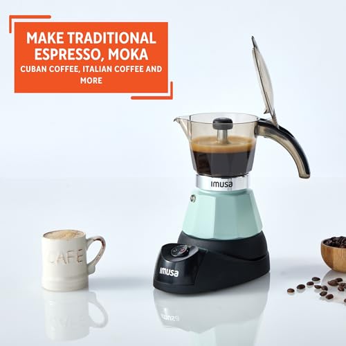 Image of IMUSA 3 or 2 Cup Electric Mint Espresso Maker, Compact Moka Coffee Machine with Keep Warm Function, Detachable Base, Cuban & Italian Coffee Brewer, Mint & Black