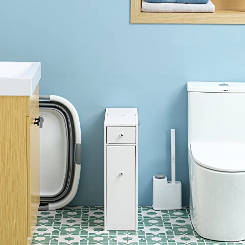 HOMCOM Bathroom Floor Organizer Free Standing Space Saving Narrow Storage Cabinet Bath Toilet Paper Holder with Drawers, White