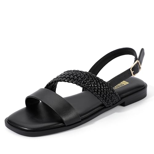 IDIFU Flat Braided Strappy Sandals for Women Square Open Toe Slingback with Buckle Adjustable Back Strap Women's Summer Beach Wedding Comfortable Cute Dressy Tendy Dress Sandals for Ladies Brides