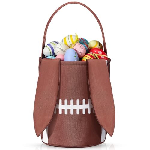 Kacctyen Easter Rugby Bunny Basket Easter Sports Baskets with Rabbit Ears Tote Easter Snack Bags for Easter Egg Hunt Game