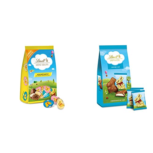 Lindt - Maxi Sachet MINI ŒUFS - Assortiment - Chocolat au Lait Fondant, Cœur au Lait et Blanc - 350g & Sachet de Mini-Moulages fourrés LAPIN OR - Chocolat...