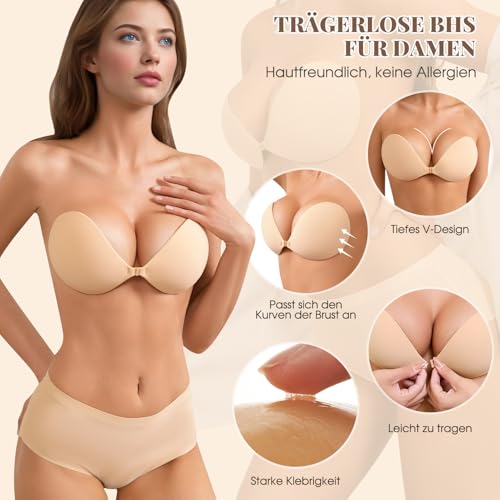 Klebe BH Push up Ohne Träger Unsichtbarer Trägerloser BH Sticky Bra zum Kleben Rückenfreier Klebe-BHS Trägerlos Klebebh Damen große Brust (DE/NL/SE/PL, Körbchengröße & Bandgröße, A, Beige+schwarz)