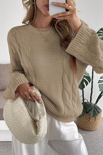 Cakulo Womens Oversized Pullover Sweaters Bell Sleeve Chunky Cable Knit Sweater Crewneck Trendy Knitted Tops 20252