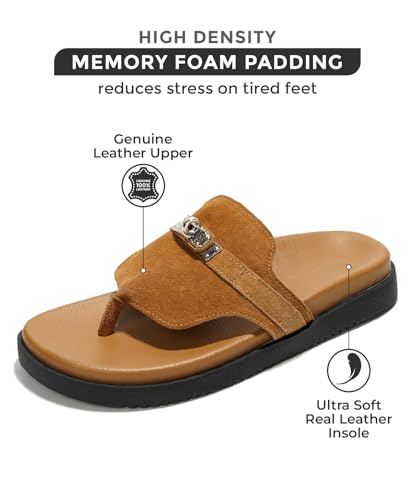 Image of Project Cloud Genuine Leather Womens Sandals - Memory Foam Summer Sandals for Women 2025 - Slip on Slides for Women, Non Slip Womens Slides (Vita, COGN, 7.5)