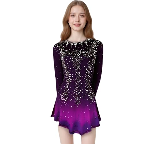 LIUHUO Vestito da Pattinaggio su Ghiaccio Viola Giallo Alone tintura Spandex Cristalli Fatti a Mano Manica Lunga Pattinaggio su Ghiaccio Figura, Viola Scuro, S