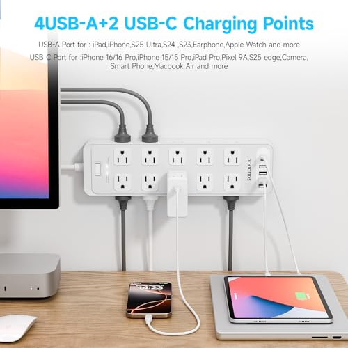 Image of Power Strip Surge Protector Flat Plug with 20 AC Outlets 6 USB Chagring Ports, 1875W /15A, 2700J, 10 Ft Heavy Duty Extension Cord for Home, Office, Dorm, Gaming,ETL Listed (White, 10FT)