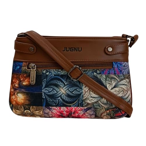 Image of JUGNU Sling Bag for Women, Jute Fabric, Crossbody Style, Slim Design, Multicolour, Medium Size, Lightweight, Adjustable Strap, Zipper Closure, 5 Pockets