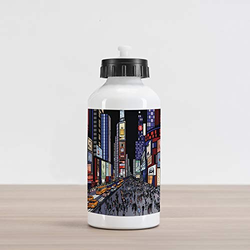 Lunarable Cities of States Aluminum Water Bottle, Colorful Downtown New York Illustration Comic Book Art Style NYC Artwork, Insulated Spill-Proof Travel Sports Water Bottle, 16.9 OZ, Multicolor
