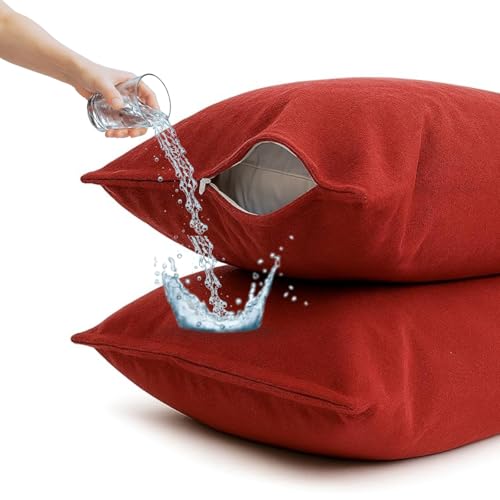 Image of Waterproof Terry Cotton Pillow Protector Cover with Zippered Closure | 18X28 Inch Standard Size Pillow Cover, Set of 2 | Dustproof Bedding Pillowcase for Protection (Maroon)