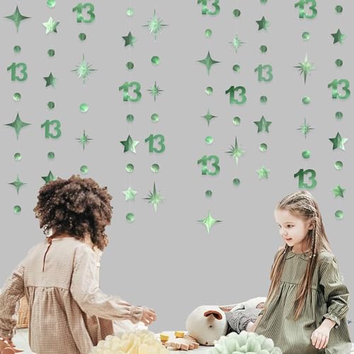 Image of Sage Green 13th Birthday Decorations Number 13 Circle Dot Twinkle Star Garland Metallic Hanging Streamer Banner Backdrop Girls Boys 13 Years Old Birthday Thirteen Official Teenager Party Supplies
