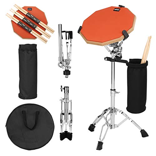 Drum Practice Pads, AGPTEK 12 Inches Orange Double Sided Drum Pads Drum Practice Pad Set with Adjustable Snare Drum Stand, 3 Paris of Drum Sticks, Drum Stick Holder and Carrying Bag
