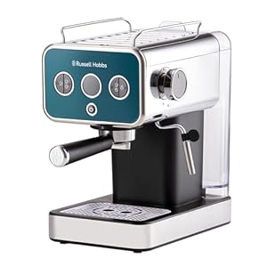 Russell Hobbs Espresso Machine, 15 Bar Pump Pressure + Milk Frother Steam Wand, Latte & Cappuccino, Detachable Water Tank, ESE pods,Cup warmer, Ocean Blue Stainless Steel 26451