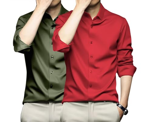 Image of DEELMO Combo of Men's Stylish Solid Satin Casual Shirt for Men Full Sleeves| Poly Satin Silk Shirt Pack of 2