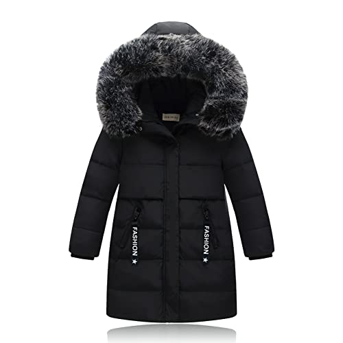SXSHUN Blouson Enfant Fille Doudoune à Capuche Parka Épais Chaud Vêtement Hiver Mi-Longue Manteau d'hiver Légère, Noir, 9-10 Ans Cover