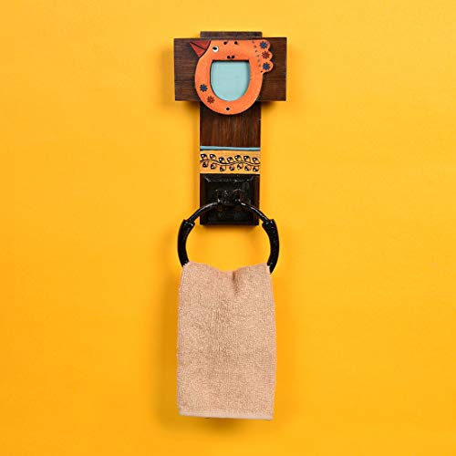 Image of Aakriti Art Creations Floral Art Wooden Towel Holder | Handcrafted Wooden | Matte Finish Natural Brown Wall Mounted Towel Holder for Bath & Wash Area
