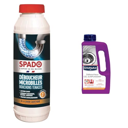 SPADO - Déboucheur Canalisation - Microbilles Eau Froide - Toutes Canalisations & STARWAX-Déboucheur Gel Surpuissant -Idéal en Cas d'eau Stagnante -Cuisine et Salle de Bains-Agit